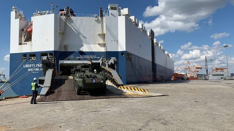A Stryker vehicle belonging to 2nd Stryker Brigade Combat Team, 2nd Infantry Division, Joint Base Lewis-McChord, Wash. rolls off the boat at the Port of Pyeongtaek, South Korea Oct. 8, 2022. The vehicles were off loaded by members of the 837th Transportation Battalion, the 19th Expeditionary Sustainment Command, and the 2nd Infantry Division. The 2-2 SBCT will serve a nine-month tour of duty in Korea, the first for the unit and the 12th iteration overall since the start of the Korea Rotational Force began.