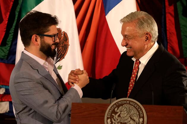 President Of Chile Gabriel Boric Working Visit In Mexico November 23, 2022, Mexico City, Mexico: The President of Chile, Gabriel Boric and Mexico™s President Andres Manuel Lopez Obrador speak during a briefing conference after hold a meeting as part of the Gabriel Boric working visit to Mexico, at National Palace . on November 23, 2022 in Mexico City, Mexico. (Photo by Luis Barron Eyepix Group) Copyright: xLuisxBarronx xEyepixxGroupx LB_23112022_82289