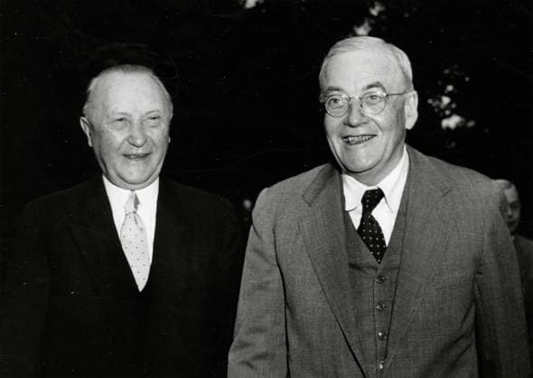 Chancellor of the Federal Republic of Germany Konrad Adenauer and US Secretary of State John Foster Dulles, Washington, DC, USA 1955 