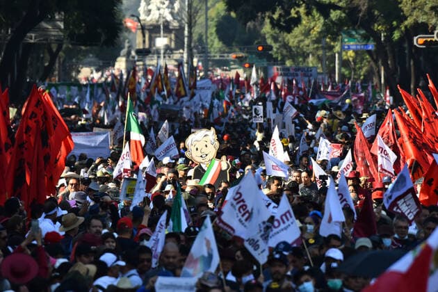 Mexico™s President Heads March of Transformation November 27, 2022, Mexico City, Mexico: Persons join during the March of Transformation in support of the Mexican President Andres Manuel Lopez Obrador at the Angel of Independence towards the Zocalo, prior to Lopez Obrador 4th Government Report. on November 27, 2022 in Mexico City, Mexico. (Photo by Carlos Tischler Eyepix Group) Copyright: xCarlosxTischler xEyepixxGroupx CT_27112022_82563