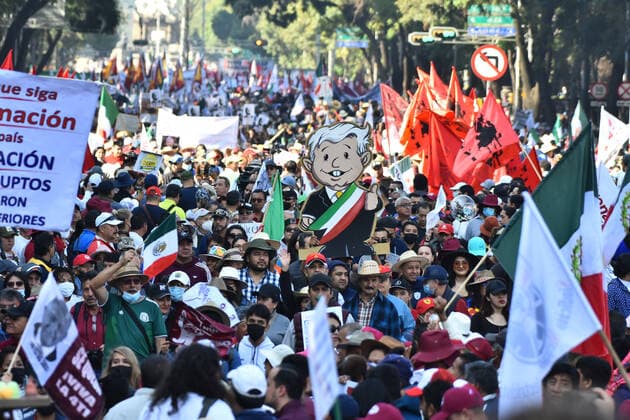 November 27, 2022, Mexico City, Mexico: Persons join during the March of Transformation in support of the Mexican President Andres Manuel Lopez Obrador at the Angel of Independence towards the Zocalo, prior to Lopez Obrador 4th Government Report. on November 27, 2022 in Mexico City, Mexico. Mexico City Mexico - ZUMAe321 20221127_zia_e321_068 Copyright: xCarlosxTischler xEyepixxGroupx