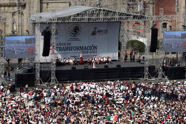 Mexico™s President Lopez Obrador Celebrates His Fourth Government Report November 27, 2022, Mexico City, Mexico: Mexico™s President Andres Manuel Lopez Obrador speaks during his 4th Government Report ˜Fourth Anniversary of the Transformation of Mexico™ at Zocalo of Mexico City. on November 27, 2022 in Mexico City, Mexico. (Photo by Luis Barron Eyepix Group). Copyright: xLuisxBarronx xEyepixxGroupx LB_27112022_82622