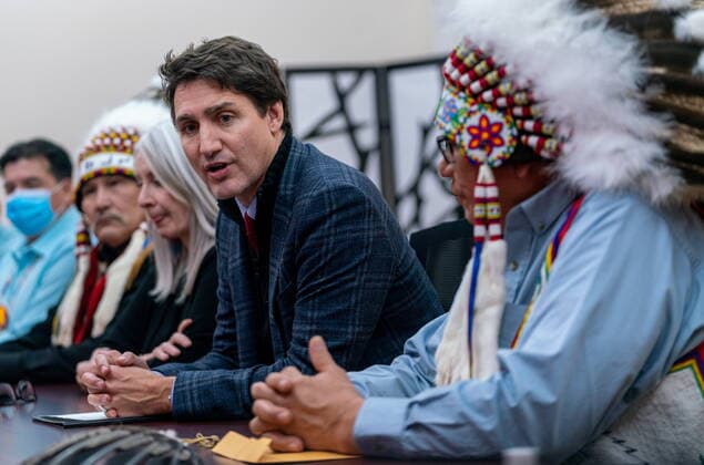 November 28, 2022, James Smith Cree Nation, SK, Canada: Prime Minister Justin Trudeau speaks at a meeting with Indigenous leaders at James Smith Cree Nation, Sask., Monday, Nov. 28, 2022. James Smith Cree Nation Canada  - ZUMAc35_ 20221128_zaf_c35_106 Copyright: xHeywoodxYux