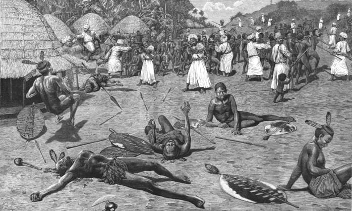 IMAGO History, Ende des afrikanischen Sklavenhandels und die Abschaffung der Sklaverei: 1807-1888 RECORD DATE NOT STATED A Slave Raid in Central Africa , 1888. Creator: Unknown. Copyright:xThexPrintxCollector HeritagexImagesx IMAGO ,2904420 ! ACHTUNG: AUFNAHMEDATUM GESCHÄTZT!  Copyright:ThexPrintxCollector HeritagexImagesx IMAGO