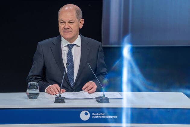 15 German Sustainability Award in Duesseldorf Olaf Scholz the Chancellor of the Federal Republic of Germany in portrait during his speech at the 15 German Sustainability Award in the Maritim Hotel in Duesseldorf Duesseldorf North Rhine Westphalia Germany