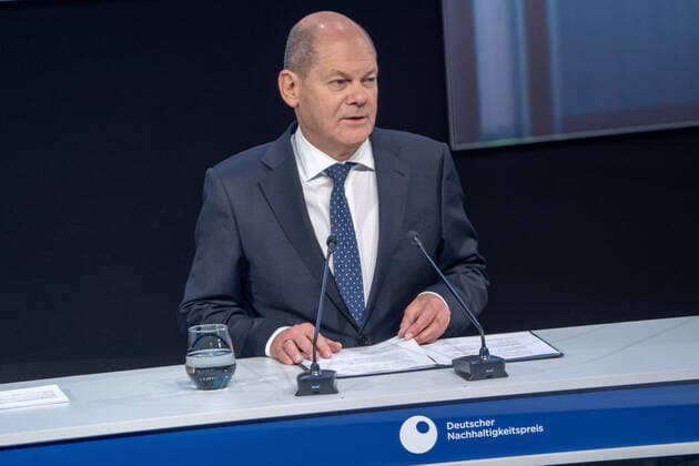 15 German Sustainability Award in Duesseldorf Olaf Scholz the Chancellor of the Federal Republic of Germany in portrait during his speech at the 15 German Sustainability Award in the Maritim Hotel in Duesseldorf Duesseldorf North Rhine Westphalia Germany