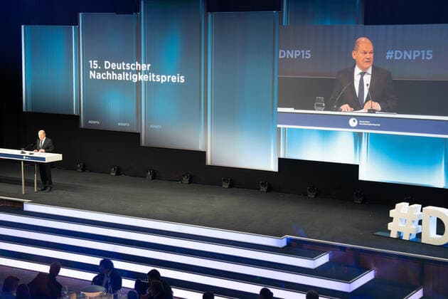 15 German Sustainability Award in Duesseldorf Olaf Scholz the Chancellor of the Federal Republic of Germany during his speech at the 15 German Sustainability Award at the Maritim Hotel in Duesseldorf Duesseldorf North Rhine Westphalia Germany
