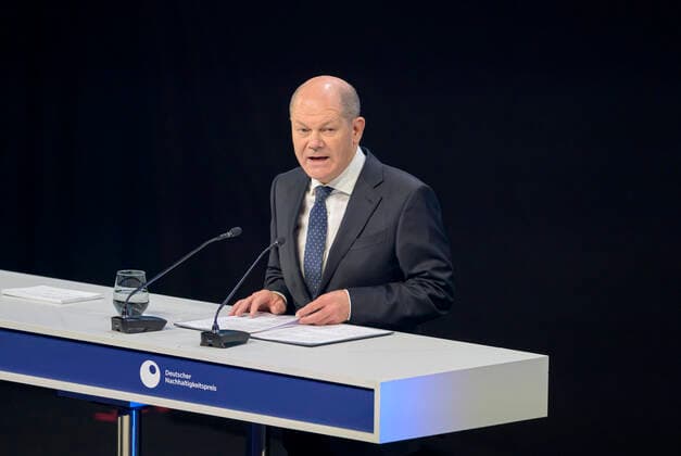 Federal Chancellor Olaf SCHOLZ, during his speech, German Sustainability Award ceremony on 02 12 2022 in Duesseldorf Germany