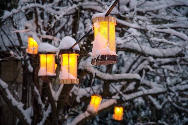 4.12.2022 In Wernigerode im Landkreis Harz in Sachsen-Anhalt leuchten am Rande des Weihnachtsmarktes Laternen an einer Lichterkette in verschneiten Bäumen. Wernigerode Sachsen-Anhalt Deutschland *** 4 12 2022 In Wernigerode in the district of Harz in Saxony Anhalt, lanterns shine on a chain of lights in snow-covered trees at the edge of the Christmas market Wernigerode Saxony Anhalt Germany