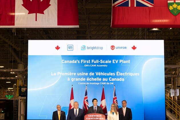 December 5, 2022, Ingersoll, Ontario, CANADA: Prime Minister Justin Trudeau speaks at the General Motors CAMI production plant in Ingersoll, Ont., on Monday, December 5, 2022. Prime Minister Trudeau and Ontario Premier Doug Ford marked a Canadian milestone Monday, celebrating the launch of the country s first full-scale electric vehicle manufacturing plant. Ingersoll CANADA  - ZUMAc35_ 20221205_zaf_c35_054 Copyright: xNicolexOsbornex