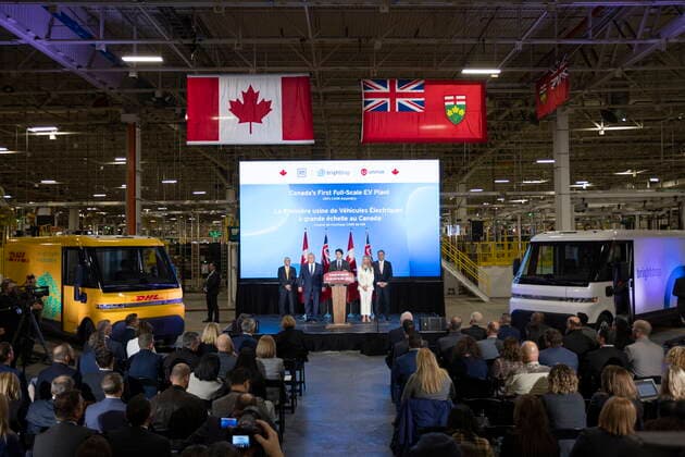 December 5, 2022, Ingersoll, Ontario, CANADA: Prime Minister Justin Trudeau speaks at the General Motors CAMI production plant in Ingersoll, Ont., on Monday, December 5, 2022. Prime Minister Trudeau and Ontario Premier Doug Ford marked a Canadian milestone Monday, celebrating the launch of the country s first full-scale electric vehicle manufacturing plant. Ingersoll CANADA  - ZUMAc35_ 20221205_zaf_c35_055 Copyright: xNicolexOsbornex