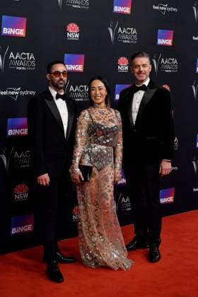 2022 AACTA AWARDS, (L-R) Andy Allen, Melissa Leong and Jock Zonfrillo from Masterchef arrive for the 2022 AACTA Awards at the Hordern Pavilion in Sydney, Wednesday, December 7, 2022. ( NO ARCHIVING, EDITORIAL USE ONLY, NO USE IN BOOKS WITHOUT CONSENT SYDNEY NSW AUSTRALIA  Copyright: xBIANCAxDExMARCHIx 20221207001739801664
