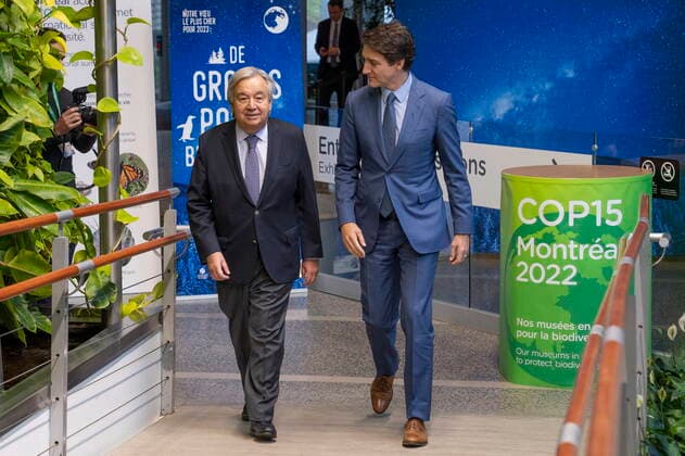 Kanada, Justin Trudeau empfämgt UN-Generalsekretär Antonio Guterres in Montreal December 7, 2022, Montreal, PQ, Canada: Prime Minister Justin Trudeau greets Secretary-General of the United Nations Antonio Guterres as they hold a bilateral meeting in Montreal on Wednesday, December 7, 2022. Montreal Canada  - ZUMAc35_ 20221207_zaf_c35_031 Copyright: xPaulxChiassonx