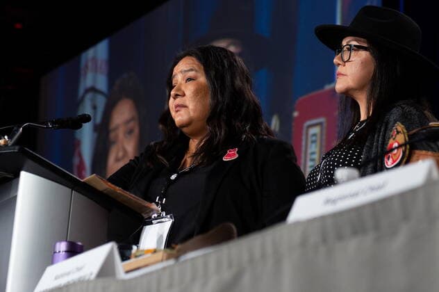 December 7, 2022, Ottawa, ON, Canada: Karen Osachoff, left, speaks with as Melissa Walterson looks on during the Assembly of First Nations (AFN) Special Chiefs Assembly (SCA) in Ottawa on Wednesday, Dec. 7, 2022. Ottawa Canada  - ZUMAc35_ 20221207_zaf_c35_113 Copyright: xSpencerxColbyx