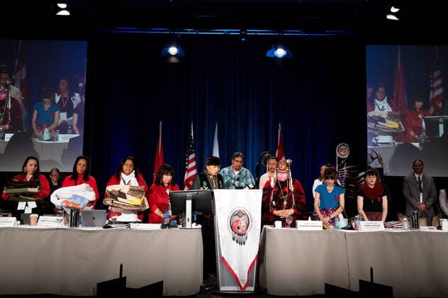 December 7, 2022, Ottawa, ON, Canada: Family members of Morgan Harris stand during the playing of an Indigenous song in honour of Morgan Harris and the three other women who were killed by an alleged serial killer in Winnipeg during the Assembly of First Nations (AFN) Special Chiefs Assembly (SCA) in Ottawa, on Wednesday, Dec. 7, 2022. Ottawa Canada  - ZUMAc35_ 20221207_zaf_c35_124 Copyright: xSpencerxColbyx