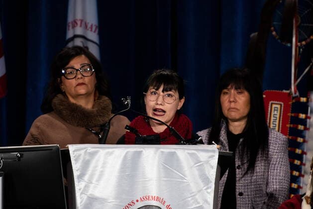 December 7, 2022, Ottawa, ON, Canada: Kera Harris, daughter of Morgan Harris, speaks during the Assembly of First Nations (AFN) Special Chiefs Assembly (SCA) in Ottawa, on Wednesday, Dec. 7, 2022. Police have identified Morgan Harris as one of four women killed by an alleged serial killer in Winnipeg, but her body has not yet been found. Ottawa Canada  - ZUMAc35_ 20221207_zaf_c35_133 Copyright: xSpencerxColbyx