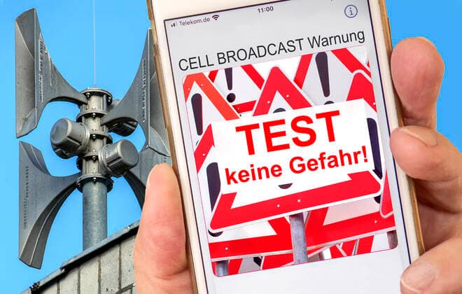 Cell Broadcast Gefahreninformation, symbolische Warnmeldung auf einem Smartphone, Feuerwehrsirene, Warntag 08.12.2022 Deutschland, München, 8. Dezember 2022, Warntag, Cell Broadcast Gefahreninformation, symbolische Warnmeldung als Test auf einem Smartphone, Symbolfoto für das Katastrophen-Warnsystem, bundesweiter Warntag am 8. Dezember, Smartphone-Nutzer werden erstmals als Test über Cell Broadcast-System über Gefahren und Katastrophen gewarnt, Netzbetreiber aktivieren das System, keine Gefahr, im Hintergrund eine Feuerwehrsirene, Sirenen und Warnsysteme werden ebenfalls am 8. Dezember getestet, Katastrophenschutz, *** Cell Broadcast danger information, symbolic warning message on a smartphone, fire department siren, warning day 08 12 2