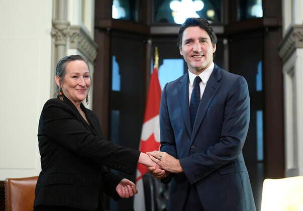 December 9, 2022, Ottawa, ON, CAN: Prime Minister Justin Trudeau meets with Premier of the Northwest Territories Caroline Cochrane in his office in West Block on Parliament Hill in Ottawa, on Friday, Dec. 9, 2022. Ottawa CAN  - ZUMAc35_ 20221209_zaf_c35_017 Copyright: xJustinxTangx