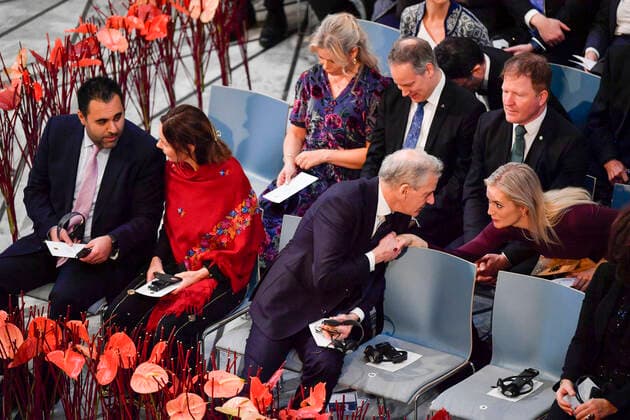 Oslo 20221210 Storting President Masud Gharahkhani, Marit Slagsvold Prime Minister Jonas Gahr Støre Ap, Minister of Justice Emilie Enger Mehl Sp, Minister of Transport Jon Ivar Nygard Ap and Municipal and District Minister Sigbjørn Gjelsvik Sp before the awarding of the Nobel Peace Prize for 2022 in Oslo townhouse on Saturday Oslo Norway xx,  Copyright: xRodrigoxFreitasx Z0Qzokg53fQ