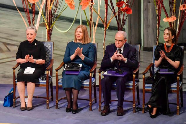 Oslo 20221210 F v Chair Berit Reiss Andersen of the Norwegian Nobel Committee and prize winners Natallia Pintsyuk, representing her husband the activist Ales Byalyatski from Belarus Jan R  Copyright: xRodrigoxFreitasx uTvvWkLwGqY