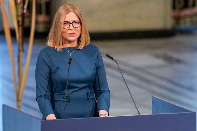 Oslo 20221210 Natallia Pintsjuk, who represents her husband, the activist Ales Byaljatski from Belarus, delivers her Nobel lecture during the awarding of the Nobel Peace Prize for 2022 in an Oslo townhouse on Saturday Oslo Norway xx,  Copyright: xRodrigoxFreitasx Q1w8mKoC4Ac