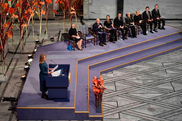 Oslo 20221210 Natallia Pintsjuk, who represents her husband, the activist Ales Byaljatski from Belarus, delivers her Nobel lecture during the awarding of the Nobel Peace Prize for 2022 in an Oslo townhouse on Saturday Oslo Norway xx,  Copyright: xRodrigoxFreitasx yiKHeAu6ldk