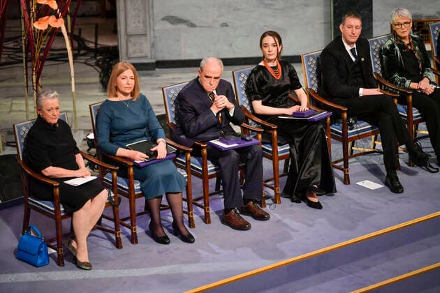Oslo 20221210 F v chair Berit Reiss Andersen of the Norwegian Nobel Committee, laureates Natallia Pintsyuk, who represents he  Copyright: xRodrigoxFreitasx Jbz2zrkWVM4