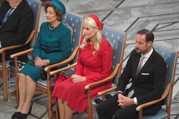 Queen Sonja of Norway, Crown Princess Mette-Marit of Norway and Crown Prince Haakon of Norway attend the 2022 Nobel Peace Prize award ceremony at the City Hall in Oslo, Norway on December 10, 2022.  LON20221210217 PAULxTREADWAY