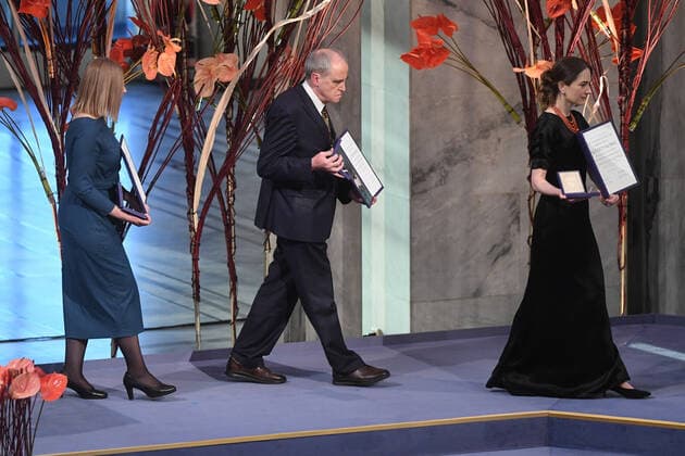 Belarusian Natallia Pinchuki (wife of 2022 Nobel Peace Prize winner - jailed Belarusian activist Ales Bialiatski), Russian Yan Rachinsky (chairman of the international Memorial Board), and Ukrainian Oleksandra Matviichuk (head of the Ukrainian Center for Civil Liberties) attend the 2022 Nobel Peace Prize award ceremony at the City Hall in Oslo, Norway on December 10, 2022.  LON20221210206 PAULxTREADWAY
