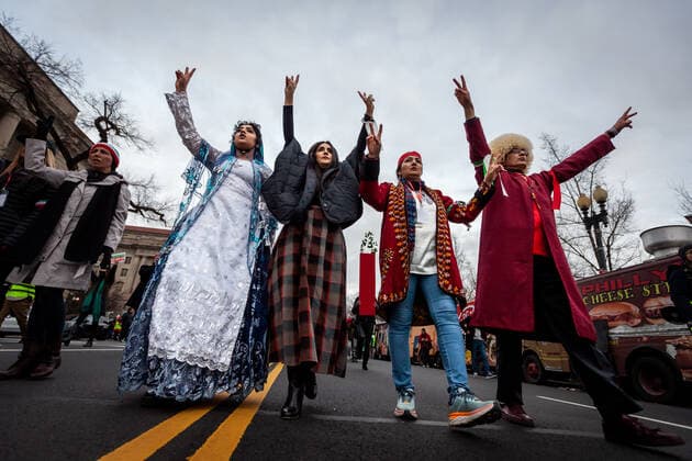 March for Iran on International Human Rights Day in Washington, DC People in traditional dress participate in a march against the Islamic regime in Iran on International Human RIghts Day. Demonstrators demanded justice for Mohsen Shekari, a 23-year-old man executed by the Islamic regime December 8 for blocking a street and allegedly injuring a soldier during a protest. The demonstrations in Iran that began in response to the death of Mahsa Amini have morphed into a movement against the regime that continues into its fourth month. Washington DC United States  Copyright: xAllisonxBaileyx originalFilename: bailey-marchfor221210_npNjI.jpg