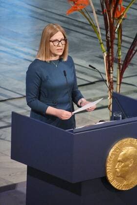 Nobel Peace Prize ceremony Natallia Pintsyuk, wife of the jailed Belarusian activist, 2022 Nobel Peace Prize lauriate Ales Bialiatski, speaks at an award ceremony in Oslo on Dec. 10, 2022.  A14AA0001374271P