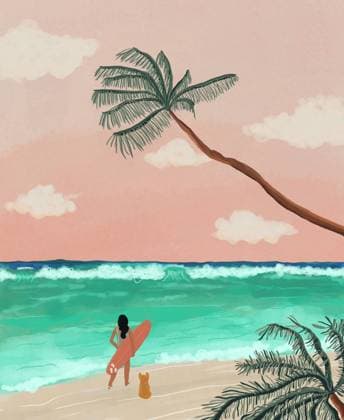 Drawing of female surfer with board and dog walking on sandy beach with palm tree and foaming sea BrendaFebus_ID8412_251057_002 Copyright: xBrendaxFebusx Model Released