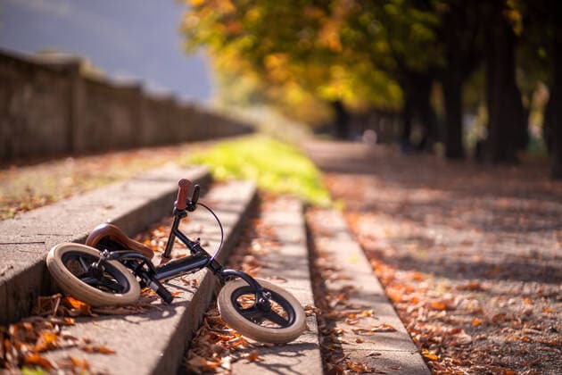 Childs bike placed on stairway in autumn park with colorful foliage on ground on sunny day TheTrioStudio_ID6188_193643_001 Copyright: xThexTrioxStudiox Model Released