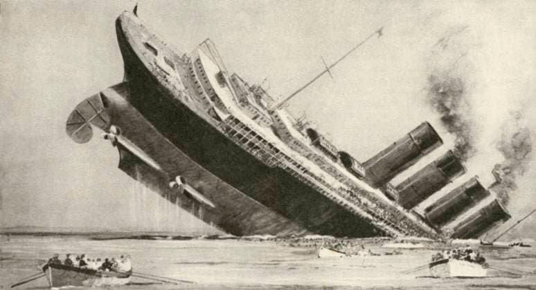 RECORD DATE NOT STATED The sinking of the Lusitania , 7 May 1915. Artist: Unknown Copyright:xAnnxRonanxPicturexLibrary Heritage-Imagesx IMAGO ,1156190 ! ACHTUNG: AUFNAHMEDATUM GESCHÄTZT!  Copyright:AnnxRonanxPicturexLibrary Heritage-Imagesx IMAGO