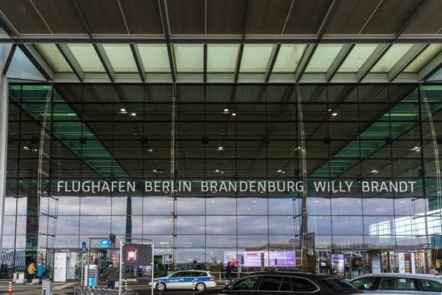 BERLIN, GERMANY - DECEMBER 12, 2022: Exterior of Terminal 1 of the Berlin Brandenburg International Airport BER, or Flughafen Berlin Brandenburg Willy Brandt. Exterior shot of the Airport Berlin Brandenburg International BER with the marking in big letters saying in German: Airport Berlin Brandenburg Willy Brandt Berlin Germany *** BERLIN, DEUTSCHLAND 12. DEZEMBER 2022 Außenansicht des Terminals 1 des Flughafens Berlin Brandenburg International BER, oder Flughafen Berlin Brandenburg Willy Brandt Außenaufnahme des Flughafens Berlin Brandenburg International BER mit der Aufschrift in großen Buchstaben Copyright: xx