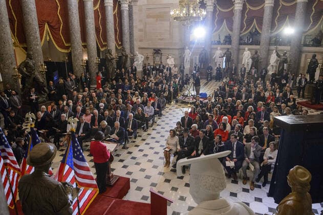Rep. Lucille Roybal-Allard, D-CA, speaks during a portrait unveiling ceremony for Speaker of the House Nancy Pelosi, D-CA, in Statuary Hall at the U.S. Capitol in Washington, DC on Wednesday, December 14, 2022. Pelosi is the first female speaker of the house.  WAP20221214349 BONNIExCASH