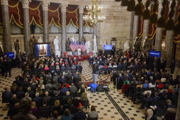 Speaker of the House Nancy Pelosi, D-CA, speaks during her portrait unveiling ceremony in Statuary Hall at the U.S. Capitol in Washington, DC on Wednesday, December 14, 2022. Pelosi is the first female speaker of the house.  WAP20221214323 BONNIExCASH