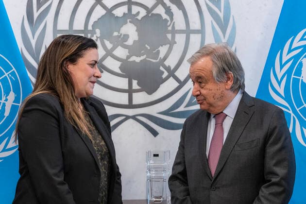 PALCUS Humanitarian Leadership Award to the Secretary-General Antonio Guterres Secretary-General Antonio Guterres received Portuguese American Leadership Council of the United States (PALCUS) Humanitarian Leadership Award presented by PALCUS Chair Katherine Soares (L) at UN Headquarters. Award is a chrystal vase made by famous Portuguese porcelain and glassware company Vista Alegre. New York New York United States Copyright: LevxRadin