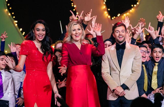 15-12-2022 Queen Maxima with Romy Monteiro and Buddy Vedder attend the recordings of the Christmas Music Gala in Amsterdam where young musical talents perform together with well-known artists such as Edsilia Rombley, Karsu, Kris Kross Amsterdam and OG3NE. The largest school band in the Netherlands will appear again this year in this dazzling Christmas show. Â  Copyright: xPPEx
