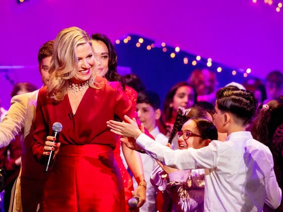 15-12-2022 Queen Maxima attend the recordings of the Christmas Music Gala in Amsterdam where young musical talents perform together with well-known artists such as Edsilia Rombley, Karsu, Kris Kross Amsterdam and OG3NE. The largest school band in the Netherlands will appear again this year in this dazzling Christmas show. Â  Copyright: xPPEx