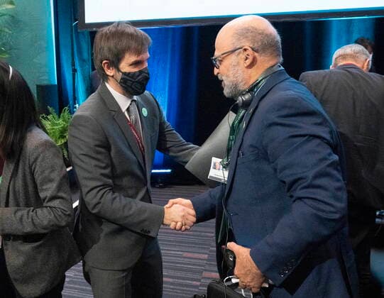 December 15, 2022, Montreal, PQ, Canada: Canada s Environment Minister, Steven Guilbeault, left, greets delegates at the opening of the high level segment at the COP15 biodiversity conference, in Montreal, Thursday, Dec. 15, 2022. Montreal Canada - ZUMAc35_ 20221215_zaf_c35_137 Copyright: xRyanxRemiorzx