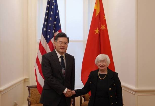(221215) -- WASHINGTON, Dec. 15, 2022 -- Chinese Ambassador to the United States Qin Gang (L) shakes hands with U.S. Secretary of the Treasury Janet Yellen during their meeting in Washington, D.C., the United States, on Dec. 15, 2022. Qin Gang met with Janet Yellen on Thursday, according to the Chinese embassy in Washington, which said they discussed the implementation of the consensus reached recently between the presidents of the two countries and vowed to continue engaging with each other. U.S.-WASHINGTON, D.C.-TREASURY SECRETARY-CHINA-AMBASSADOR-MEETING LiuxJie 