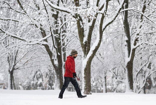 December 16, 2022, Ottawa, ON, CAN: Tree branches are laden with snow as Patric Langevin passes a park in Ottawa, as a snowfall warning is in effect for the region, on Friday, Dec. 16, 2022. Ottawa CAN  - ZUMAc35_ 20221216_zaf_c35_008 Copyright: xJustinxTangx