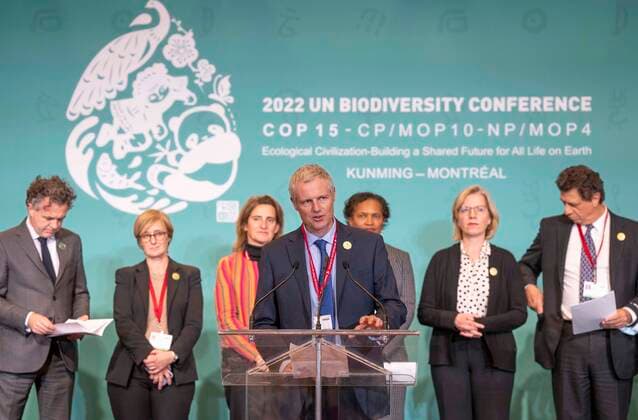 News Bilder des Tages December 16, 2022, Montreal, PQ, Canada: Zac Goldsmith, Minister for Overseas Territories, Commonwealth, Energy, Climate and Environment, United Kingdom, addresses a news conference accompanied by ministers of various countries at the COP15 UN conference on biodiversity in Montreal, on Friday, December 16, 2022. Montreal Canada  - ZUMAc35_ 20221216_zaf_c35_032 Copyright: xPaulxChiassonx