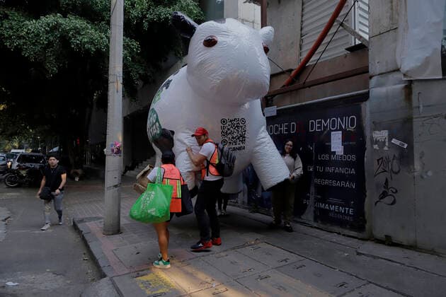 Activists Demonstrate Against Animal Slaughterhouses In Mexico A group of activists from the organisation Animal Save Mexico carry an inflatable cow before a protest in front of the Angel of Independence in Mexico City against animal slaughterhouses in Mexico. Mexico City Mexico City Mexico  Copyright: xGerardoxVieyrax originalFilename: vieyra-notitle221216_npLHW.jpg