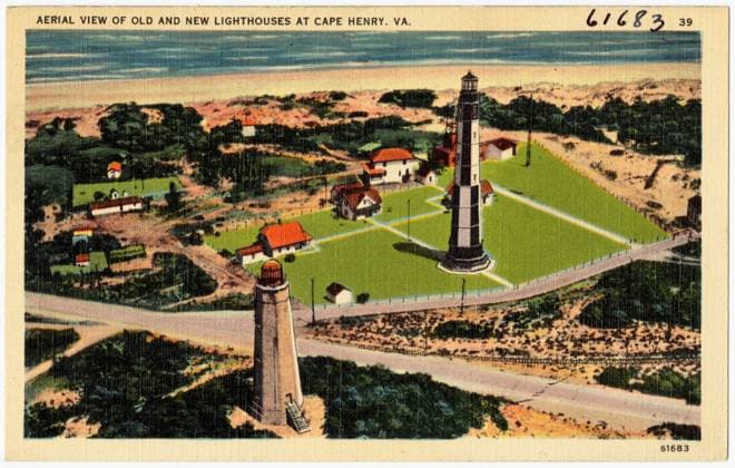 RECORD DATE NOT STATED Aerial view of old and new lighthouses at Cape Henry, VA. , Tichnor Brothers Collection, postcards of the United States Copyright: xpiemagsx postcardpie-427 !ACHTUNG AUFNAHMEDATUM GESCHÄTZT!