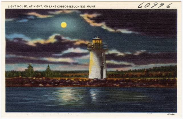 RECORD DATE NOT STATED Light House, at night, on Lake Cobbosseecontee, Maine , Lighthouses, Tichnor Brothers Collection, postcards of the United States Copyright: xpiemagsx digcompie09122022-74428 !ACHTUNG AUFNAHMEDATUM GESCHÄTZT!