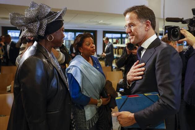 THE HAGUE Prime Minister Mark Rutte in conversation with guests after a speech in which a government response is given to the report Chains of the Past by the Advisory Board Dialogue Group Slavery Past Rutte gave the speech at the National Archives in The Hague ANP ROBIN VAN LONKHUIJSEN netherlands out belgium out  Copyright: xx x459660561x originalFilename: 459660561.jpg