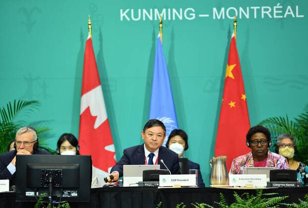 (221219) -- MONTREAL, Dec. 19, 2022 -- Huang Runqiu, COP15 president and China s minister of ecology and environment, announces the adoption of the Kunming-Montreal Global Biodiversity Framework, a UN deal aimed at reversing biodiversity loss and setting the world on a path of recovery, at the UN biodiversity conference, COP15, in Montreal, Canada, Dec. 19, 2022. COP15, formally known as the 15th meeting of the Conference of the Parties to the UN Convention on Biological Diversity, is expected to conclude later on Monday after nearly two weeks of negotiation. China holds the presidency of COP15. It held the phase-one meeting in Kunming, capital of southwest China s Yunnan Province, in 2021. The second phase of COP15 in Montreal, Cana