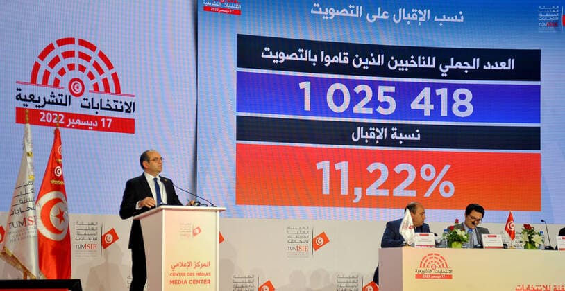 News Themen der Woche KW51 News Bilder des Tages Tunesien, Pressekonferenz der Wahlbehörde in Tunis nach Parlamentswahlen Preliminary Results Of Tunisian Parliamentary Elections Announced Farouk Bouasker President of the Independent High Authority for Elections (ISIE), speaks during the announcement of the preliminary results of first round of the Tunisian parliamentary elections in Tunis, Tunisia, 19 December 2022.Farouk Bouasker announced that 1,025,418 voters went to the polls, representing a general turnout of 11.22 percent. Palais des CongrÃ s Tunisia  Copyright: xYassinexMahjoubx originalFilename: mahjoub-notitle221219_npnNy.jpg